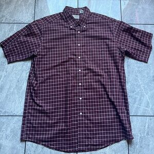 L.L. Bean Mens Check Maroon 100%Cotton Short Sleeve Button Up Shirt W/Pocket XLT